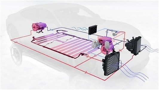 Schematisk bild av en elbils värmepumps- och kylkretsar